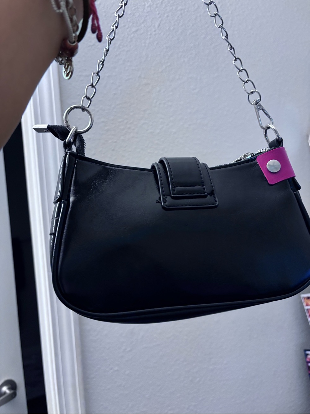 Black and Pink Studded Chain Shoulder Bag - Picture 2 of 3